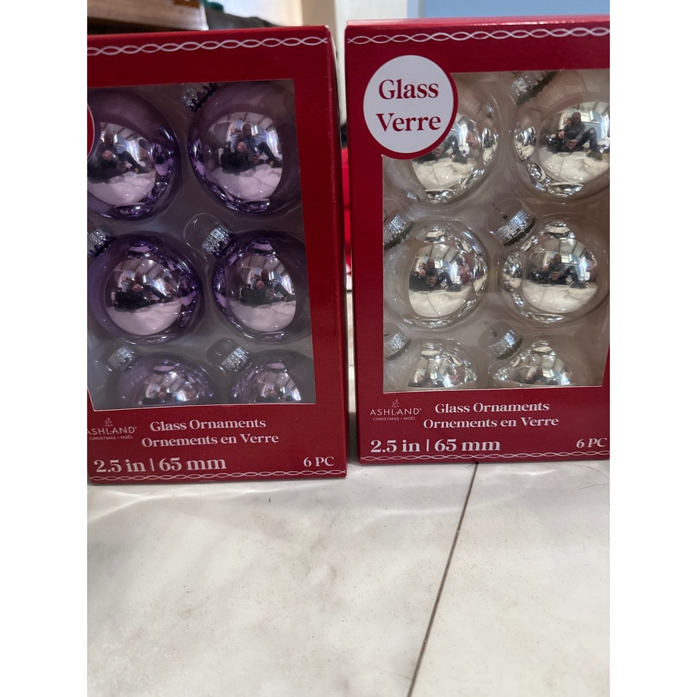 Ashland Glass Christmas Ornaments 2.5in 65mm Purple Silver 12pc Set